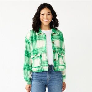 Sonoma Cropped Green Ivory Plaid Shacket Medium